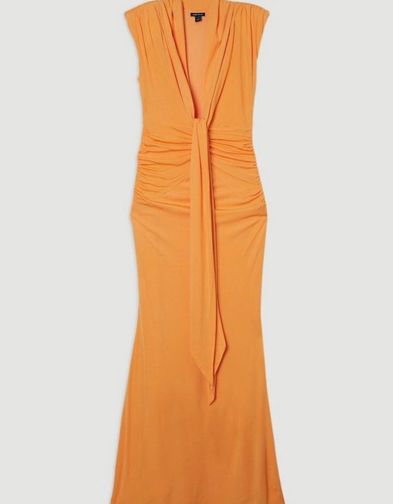 Plunge Ruched Twist Jersey Maxi Dress