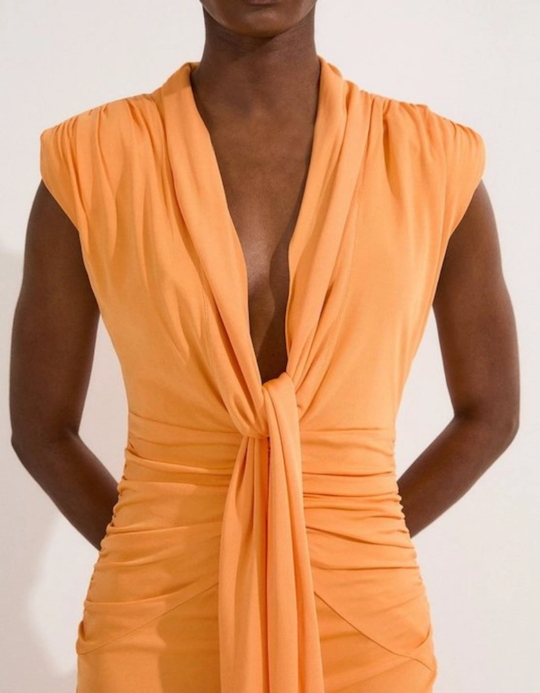 Plunge Ruched Twist Jersey Maxi Dress