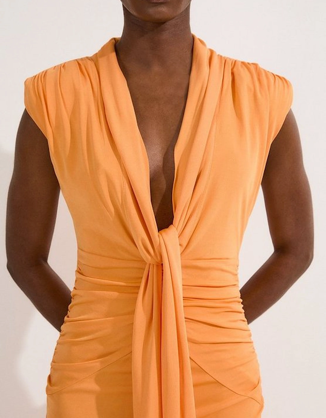 Plunge Ruched Twist Jersey Maxi Dress