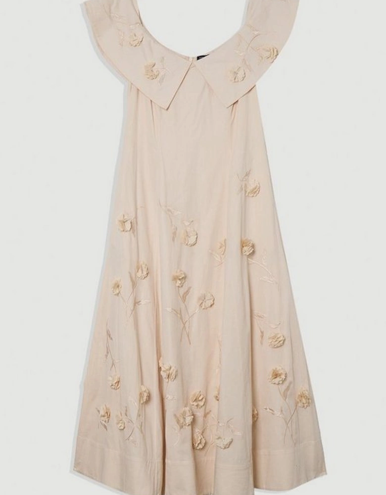 Cotton Applique Bardot Woven Maxi Dress