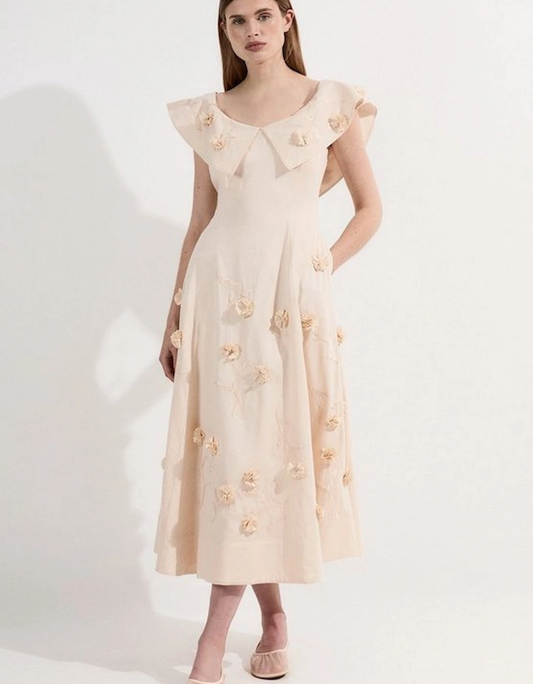 Cotton Applique Bardot Woven Maxi Dress