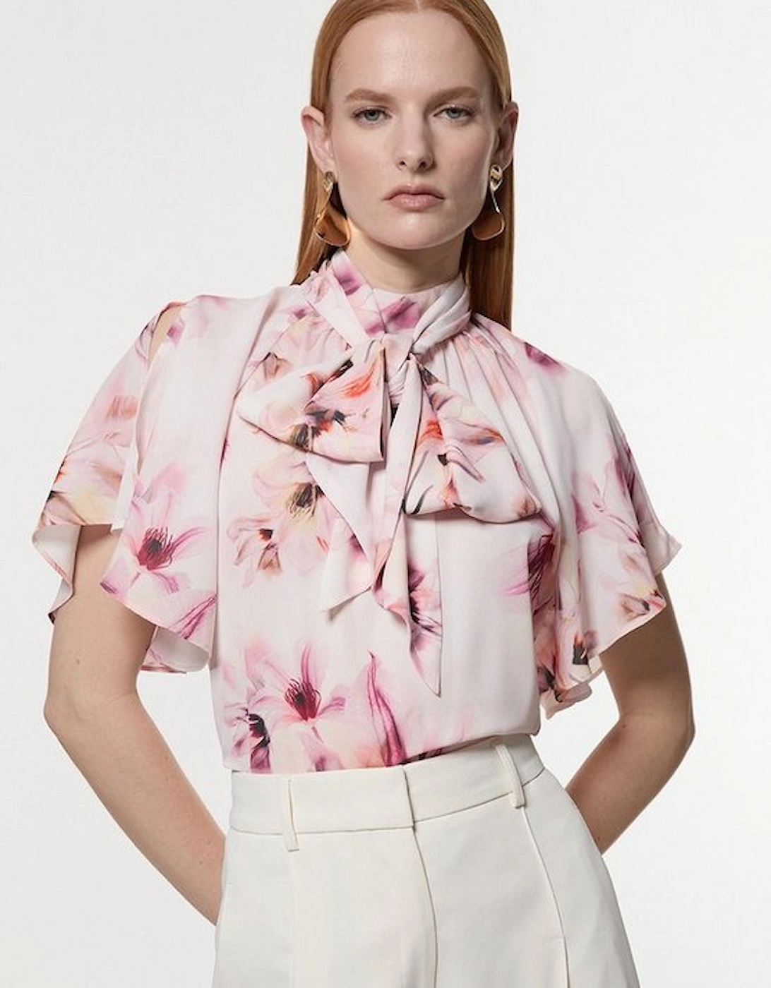 Georgette Tie Neck Woven Floral Print Top, 5 of 4