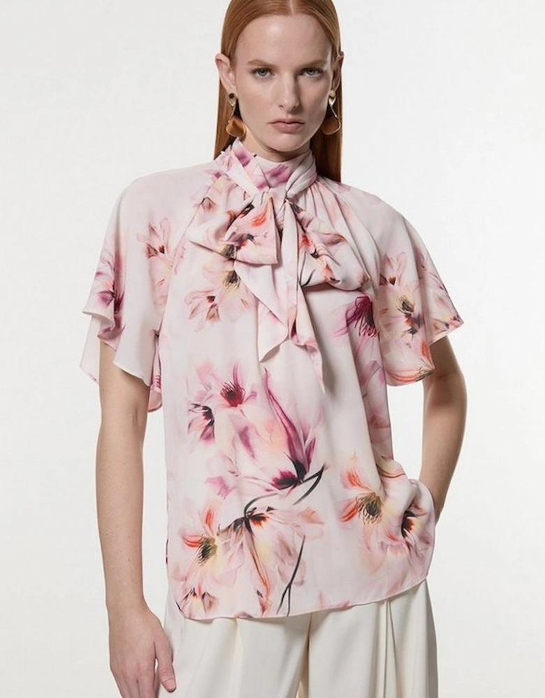 Georgette Tie Neck Woven Floral Print Top