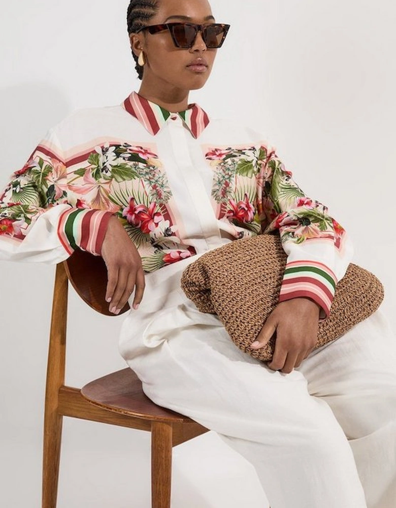 Plus Size Mirrored Viscose Linen Floral Print Woven Shirt