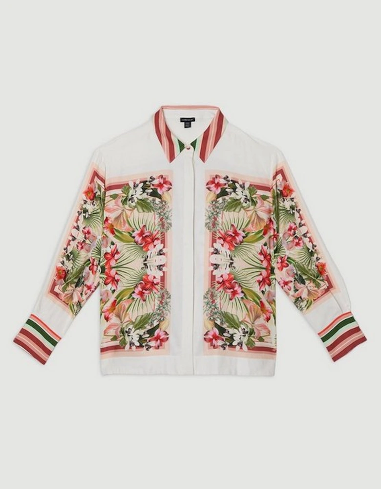 Plus Size Mirrored Viscose Linen Floral Print Woven Shirt