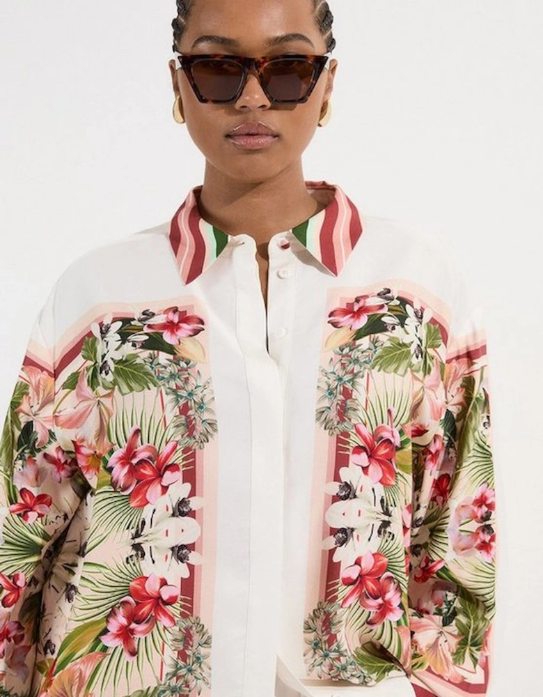Plus Size Mirrored Viscose Linen Floral Print Woven Shirt