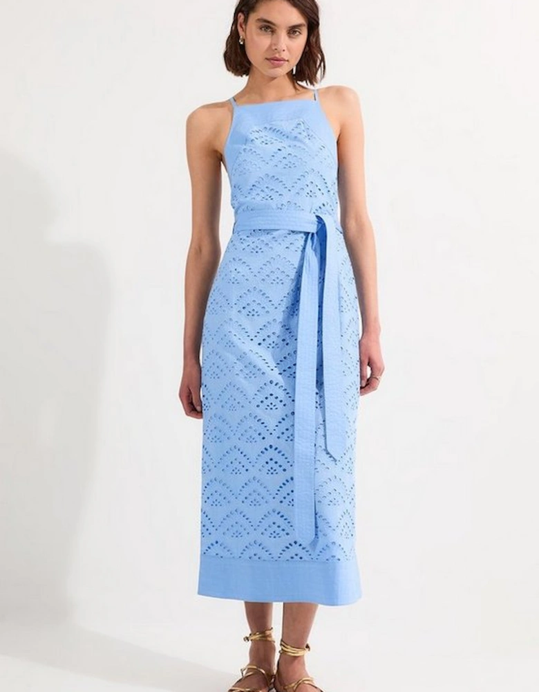 Cotton Broderie Woven Belted Maxi Dress