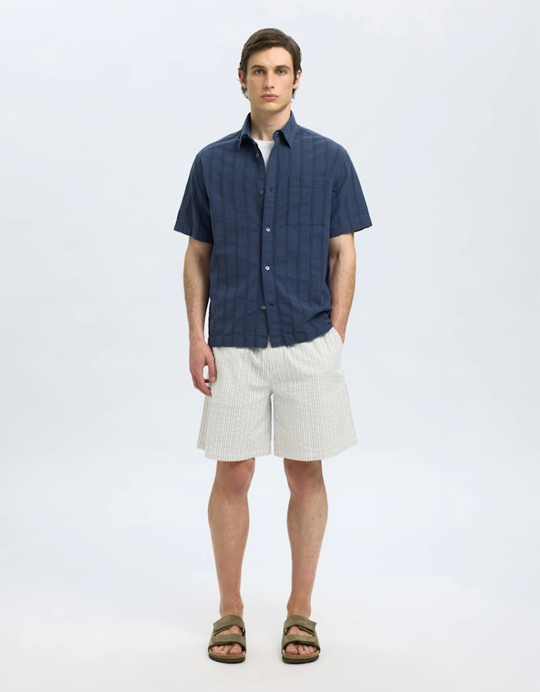 Homme Silas Seersucker Short Sleeve Shirt Sky Captain