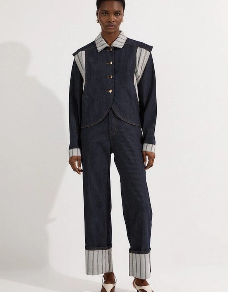 Stripe Denim Turn Up Straight Leg Jean