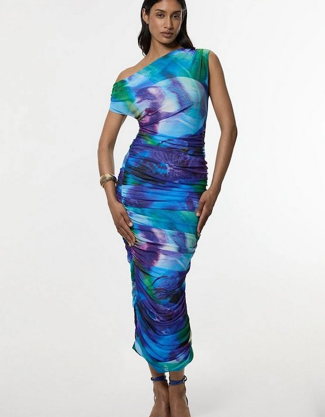 Petite Printed Mesh Jersey One Shoulder Midi Dress, 4 of 3