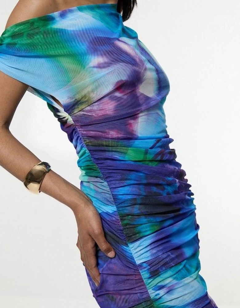 Petite Printed Mesh Jersey One Shoulder Midi Dress