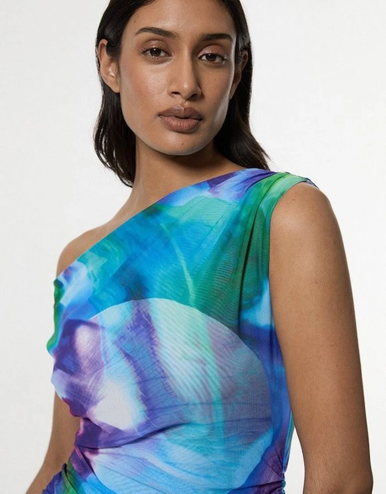 Petite Printed Mesh Jersey One Shoulder Midi Dress