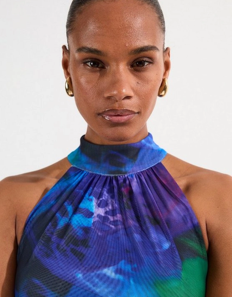 Petite Printed Mesh Jersey Halter Neck Mini Dress