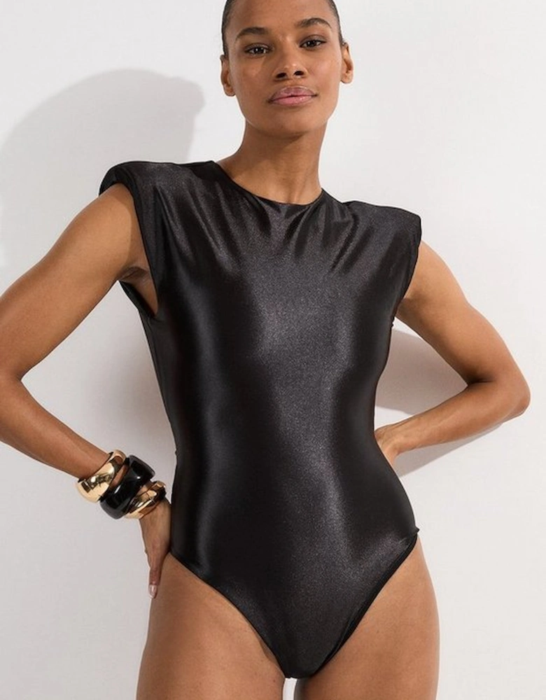 Wet Look Power Shoulder Cut Out Swimsuit
