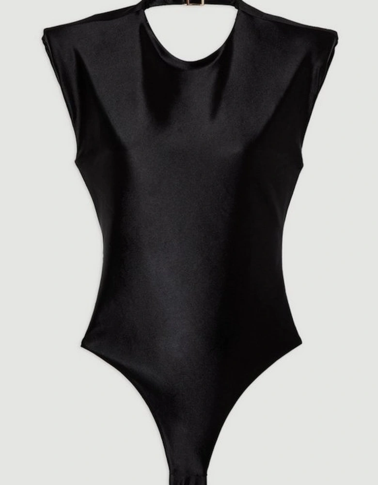 Wet Look Power Shoulder Cut Out Swimsuit