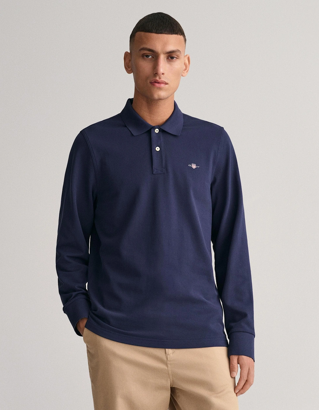 Gant Men's Navy Regular Fit Long Sleeve Shield Logo Pique Rugger - 433 Evening Blue  46 Xxxl