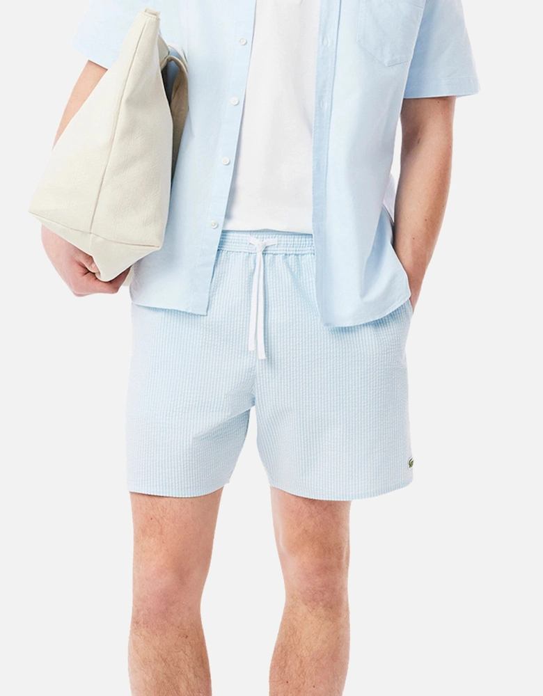 Mid Length Striped Textured Swim Shorts Blue/White