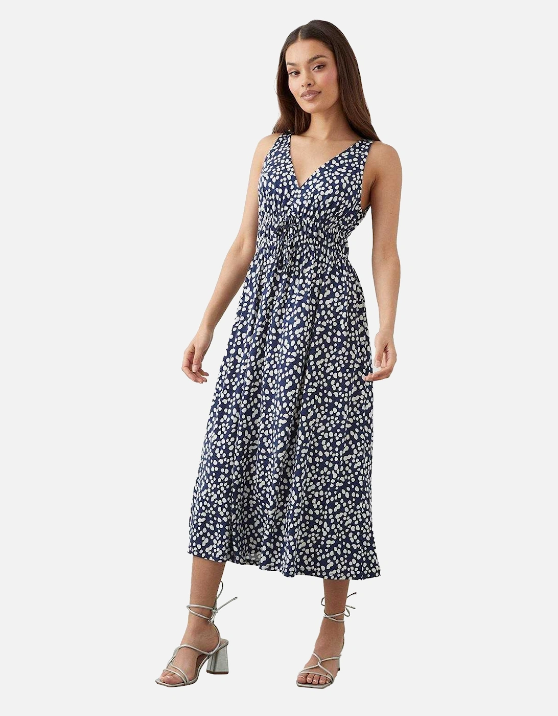 Womens/Ladies Spotted Front Tie Petite Sleeveless Midi Dress