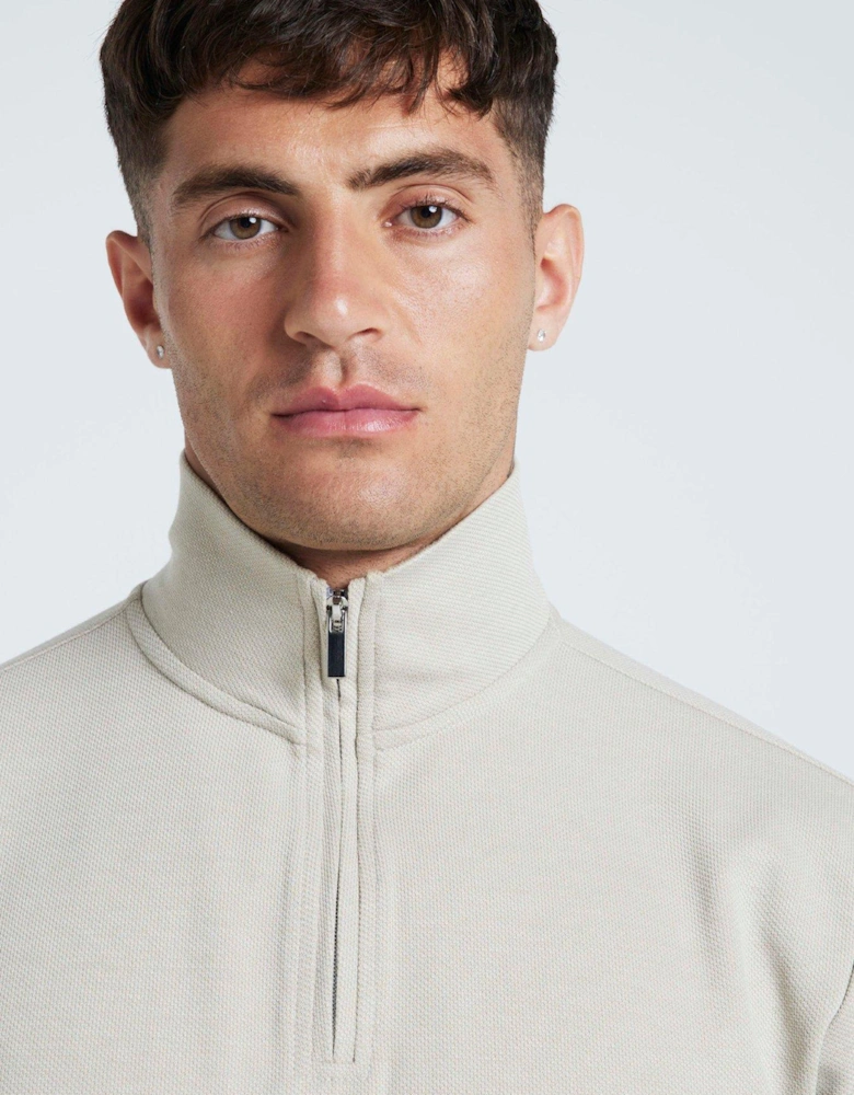 Slim Smart Pique Funnel Neck 1/4 Zip Sweat - Beige