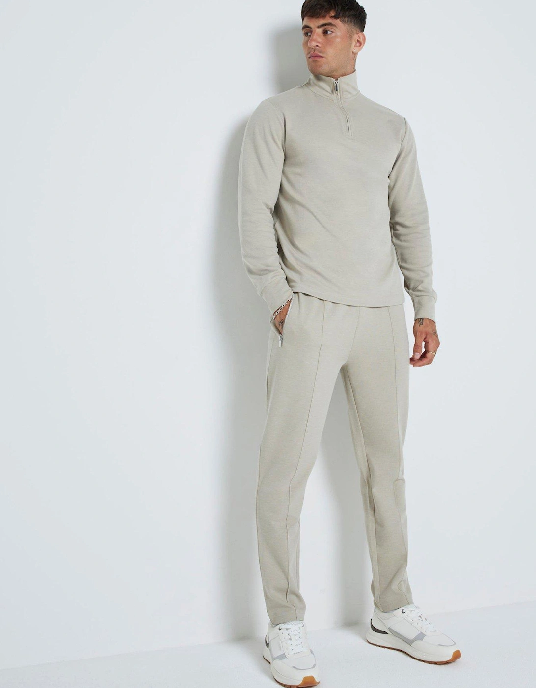 Slim Smart Pique Funnel Neck 1/4 Zip Sweat - Beige