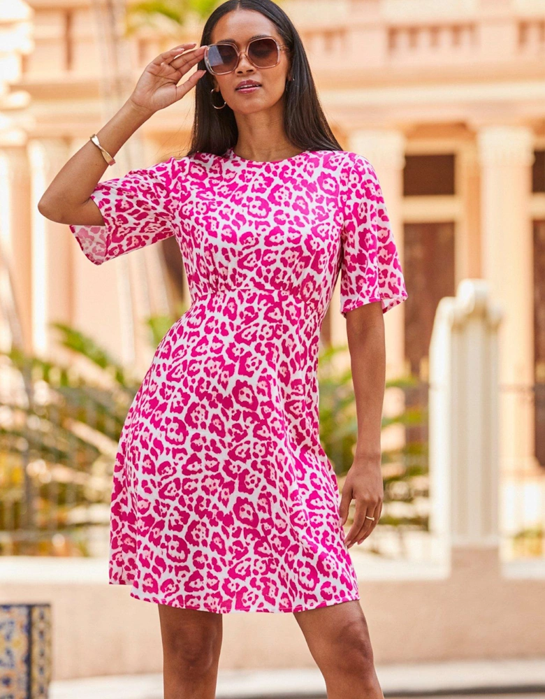 Animal Print Fluted Sleeve Fit & Flare Dress - Pink