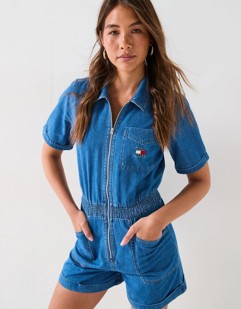Short Sleeve Denim Playsuit - Blue