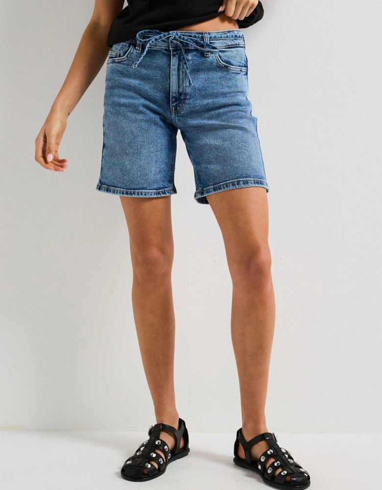 Lulu Tie Midwaist Long Denim Shorts - Blue