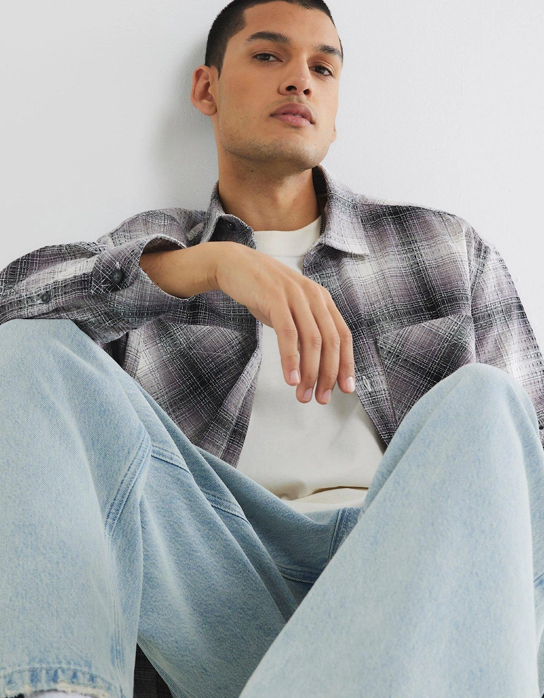 2 Pocket Waffle Check Long Sleeve Shirt - Black