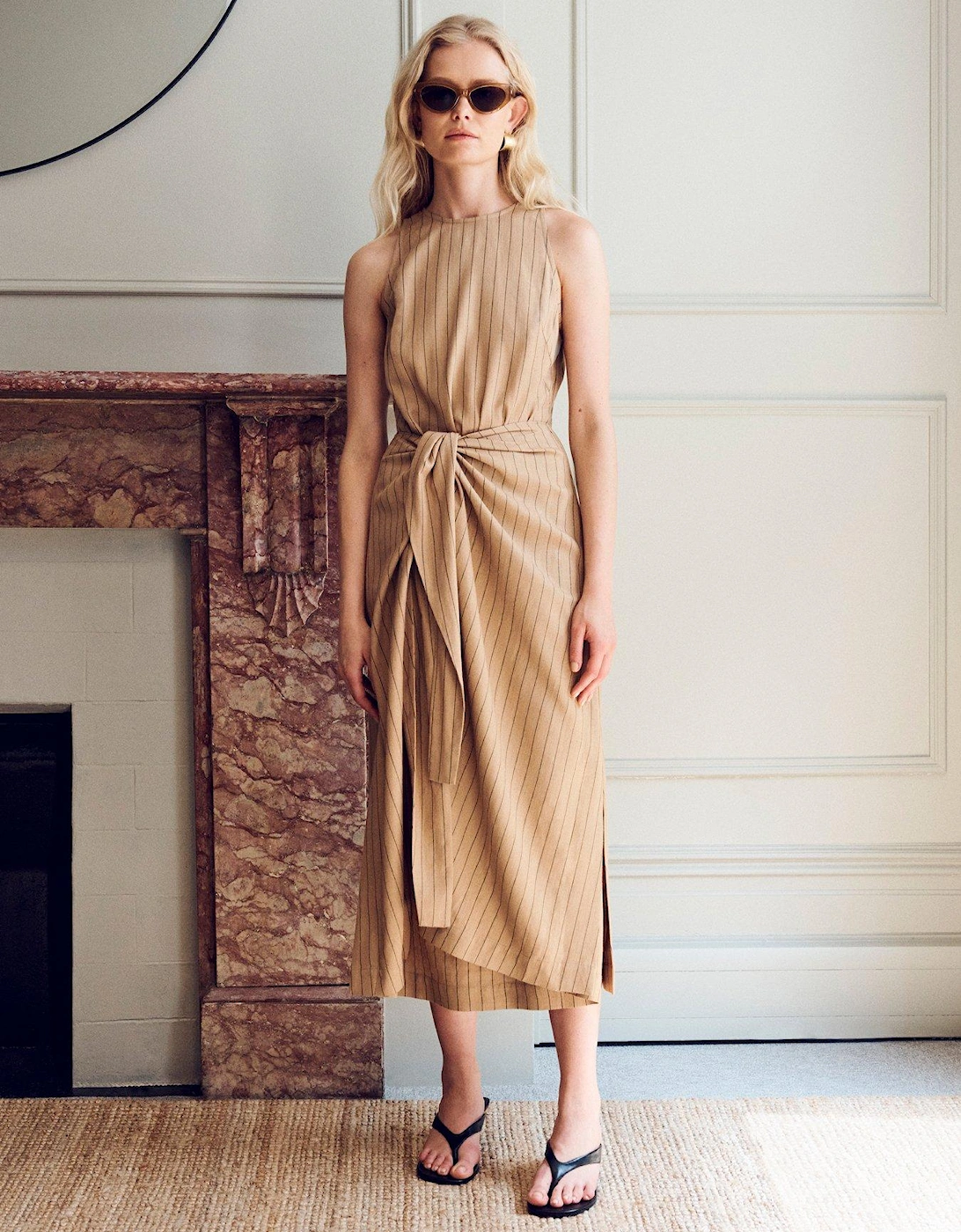 Frankie Pin Stripe Linen Mix Wrap Over Dress - Beige, 2 of 1
