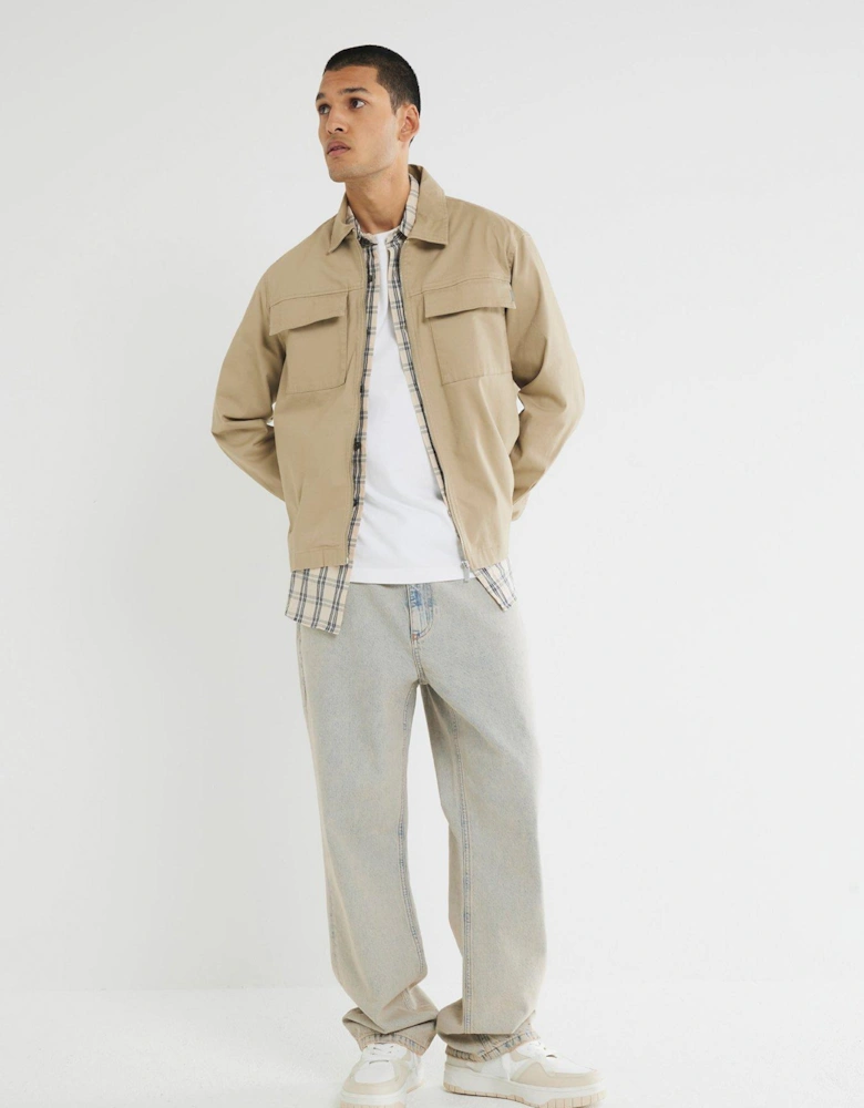 Long Sleeve Clean Zipper Shirt - Beige
