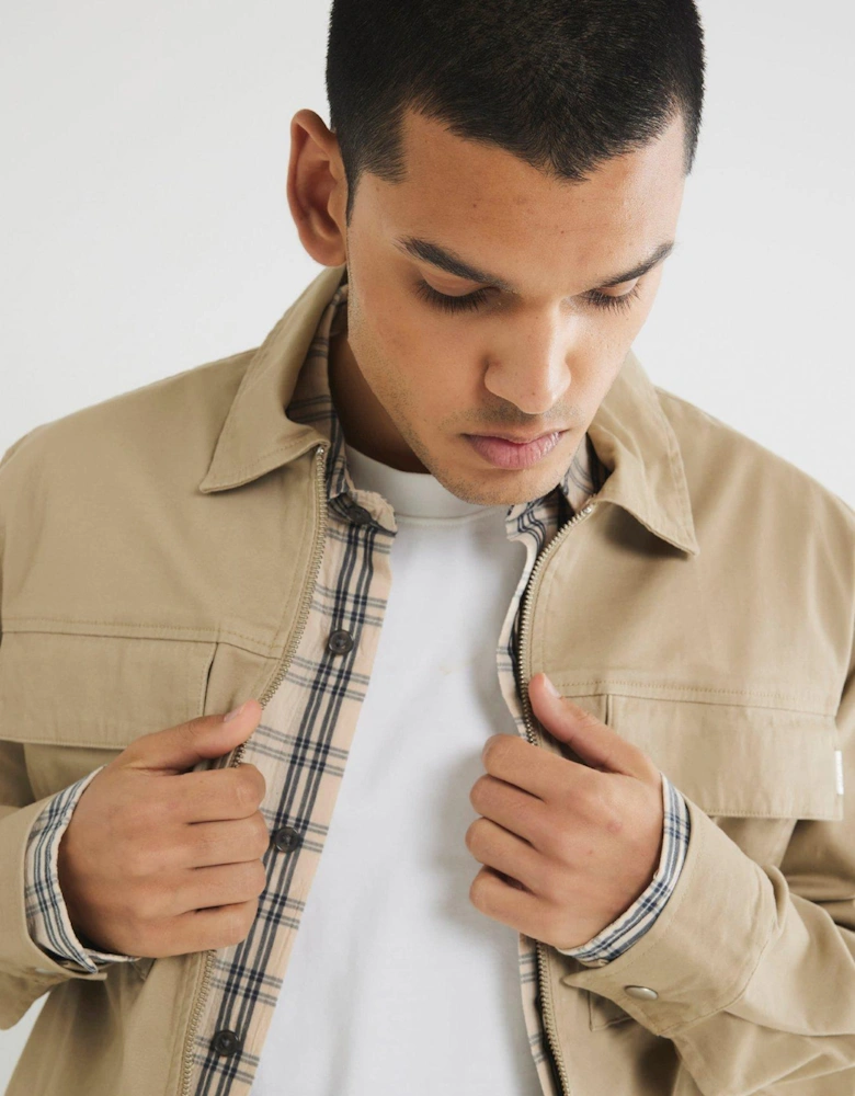Long Sleeve Clean Zipper Shirt - Beige