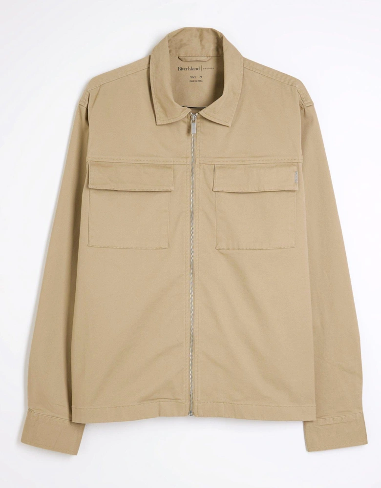 Long Sleeve Clean Zipper Shirt - Beige