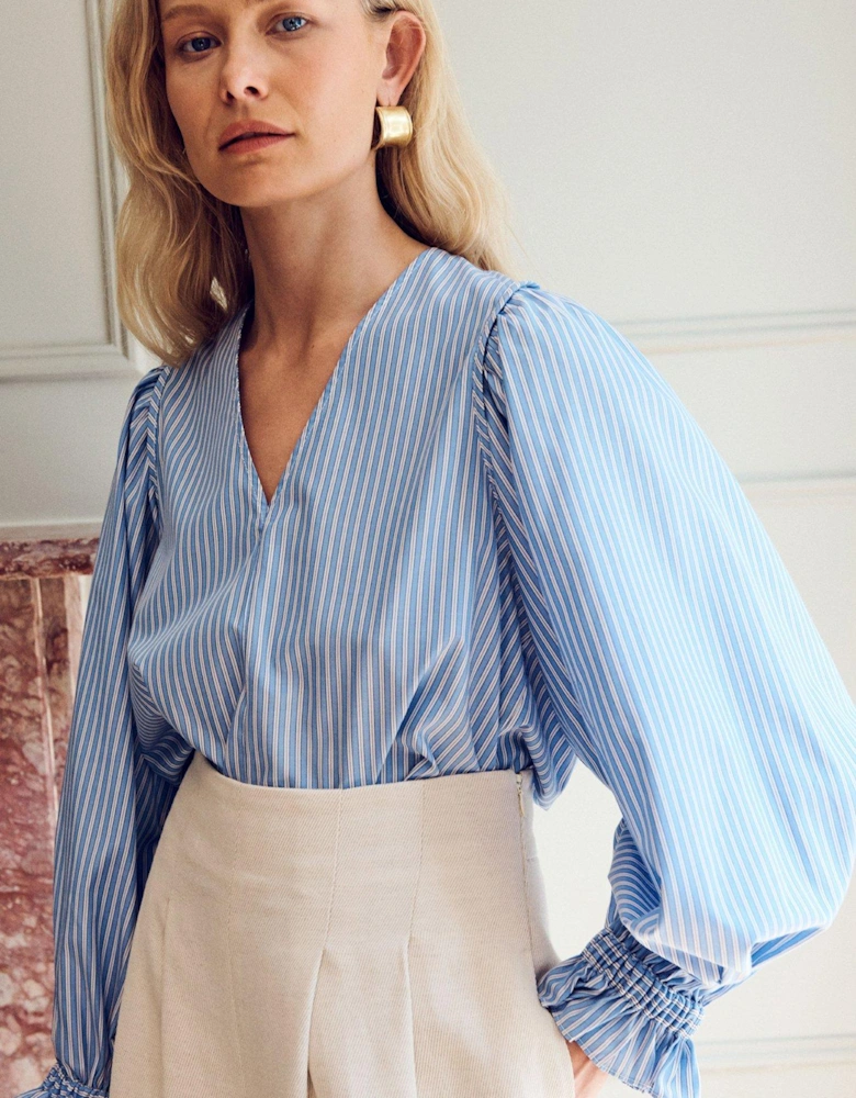 Remi V Neck Gathered Cuff Shirt - Blue