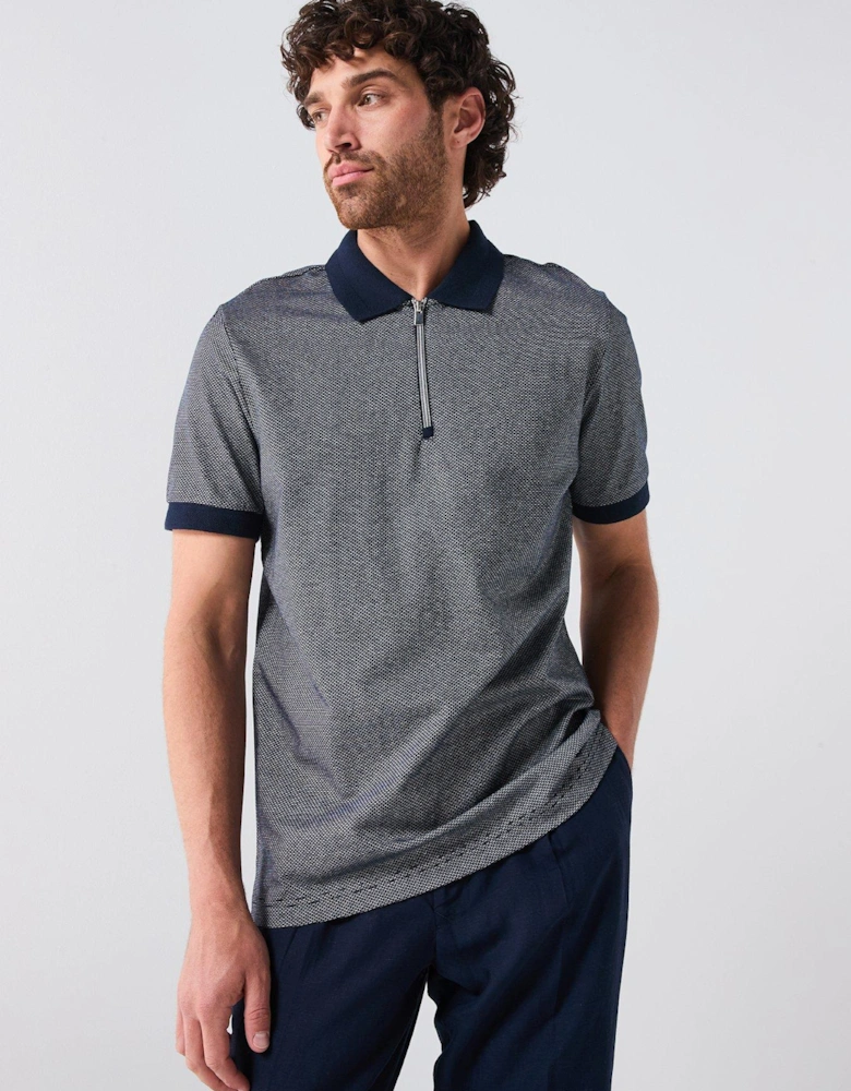 Mercerised Jacquard Zip Neck Polo Shirt - Navy