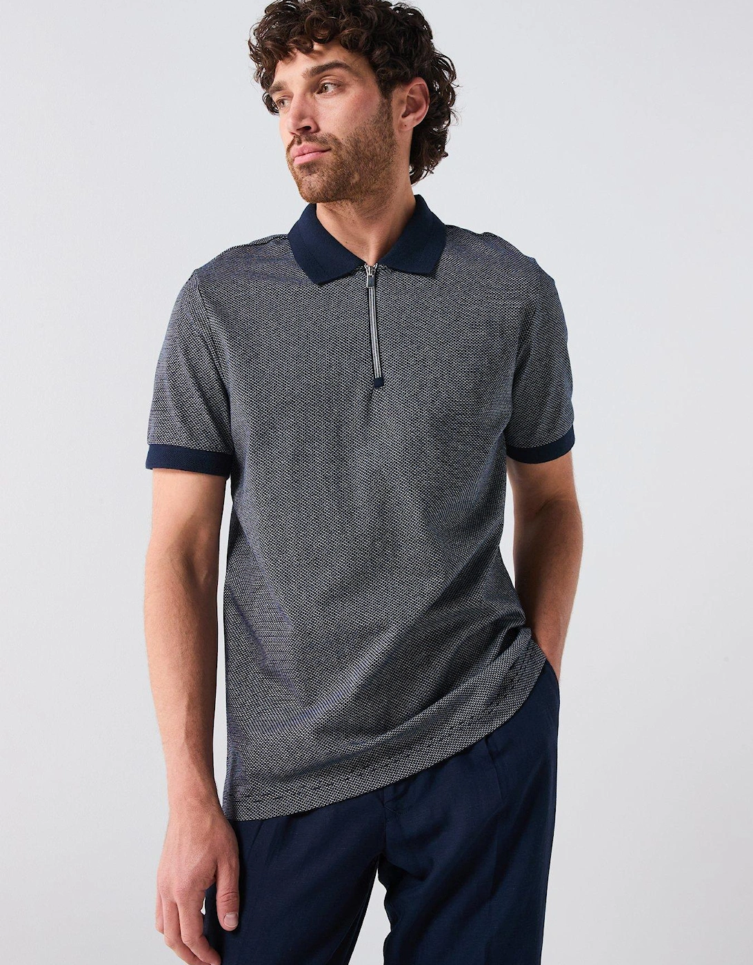Mercerised Jacquard Zip Neck Polo Shirt - Navy, 2 of 1