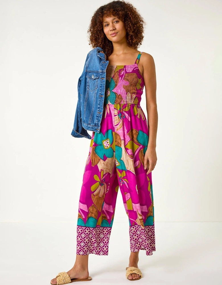 Floral Border Frill Jumpsuit - Purple