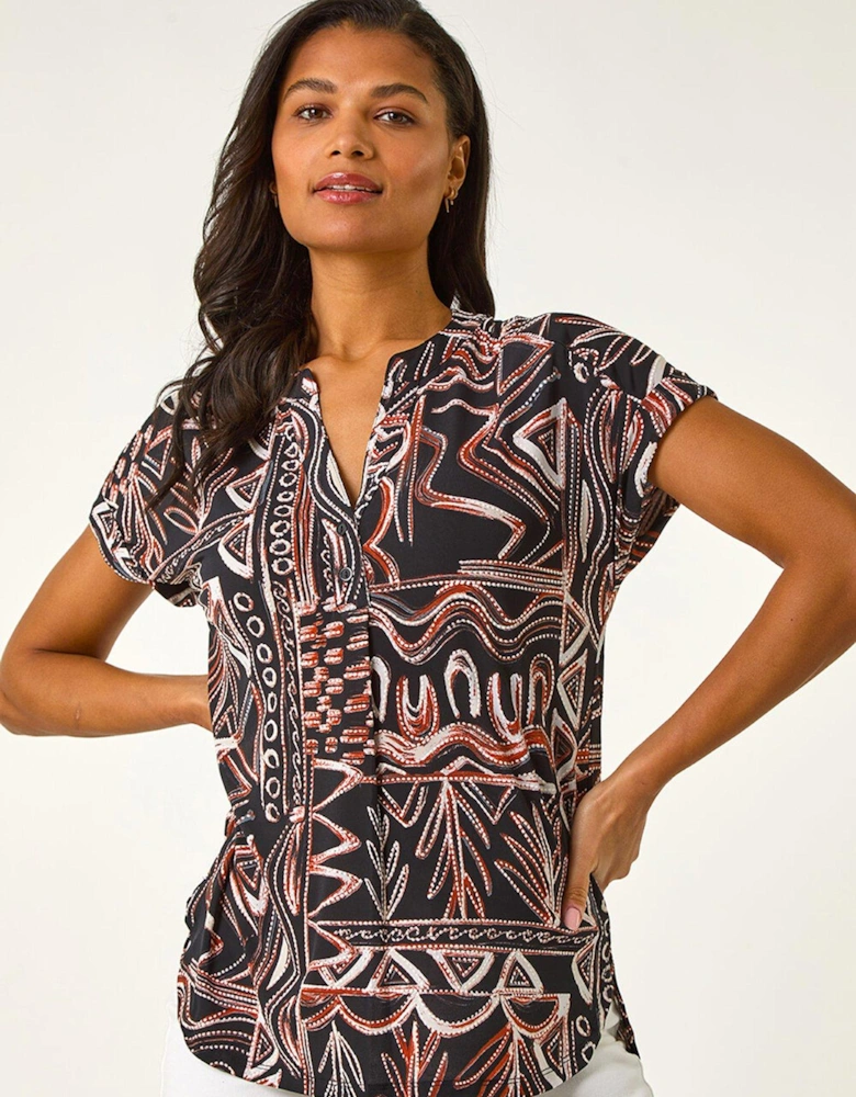 Textured Ikat Print Stretch Top - Rust