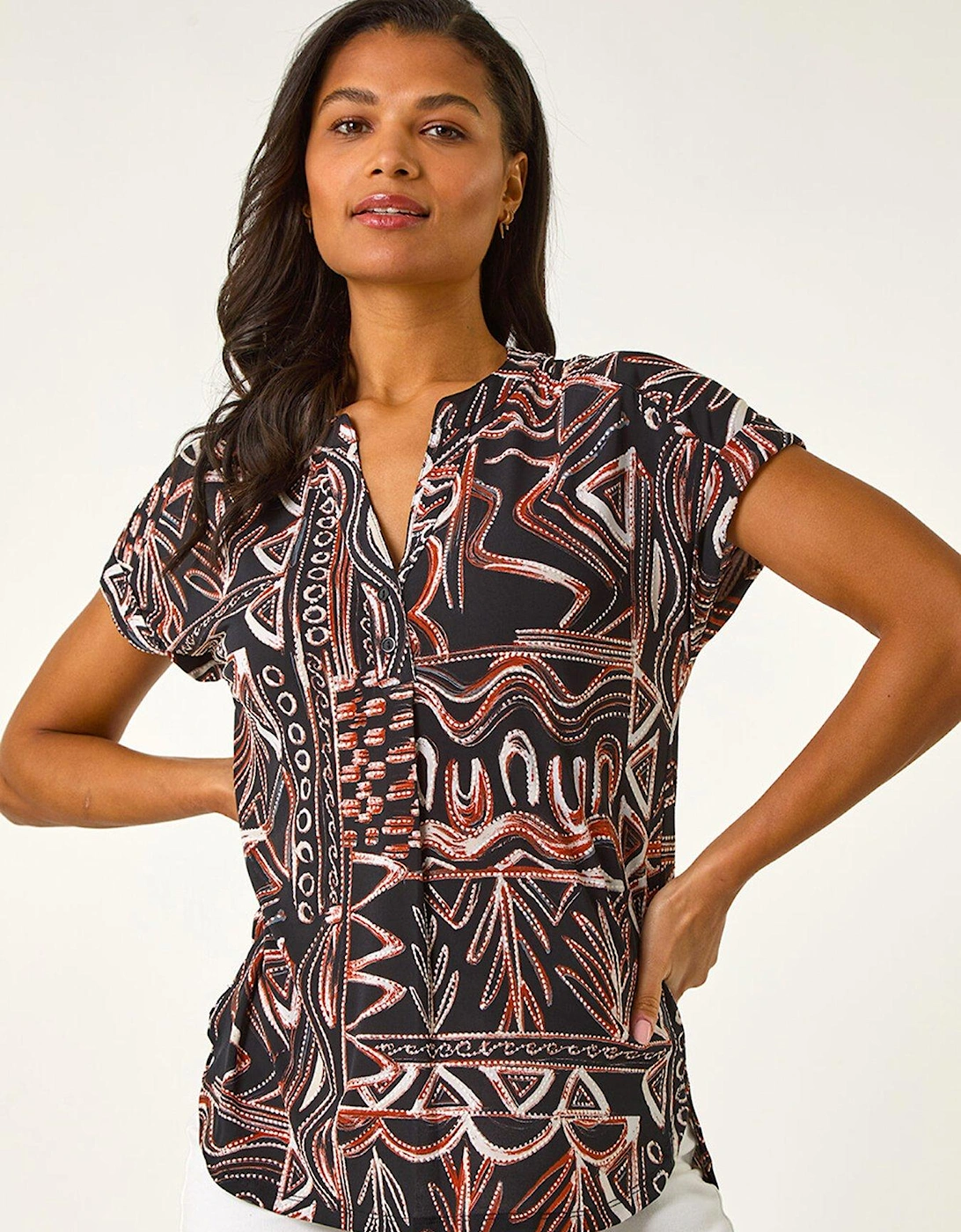 Textured Ikat Print Stretch Top - Rust, 2 of 1