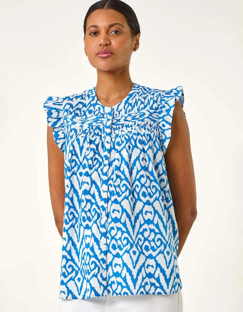 Abstract Print Pleated Sleeve Blouse - Blue