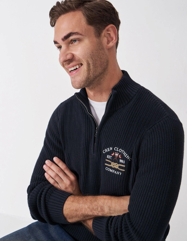 Crest Fleece Embroidered 1/4 Zip Knitted Jumper - Navy