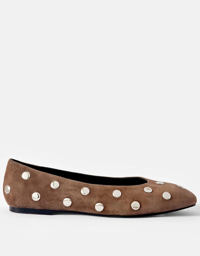 Coco Suede Studded Leather Flat Shoes - Brown