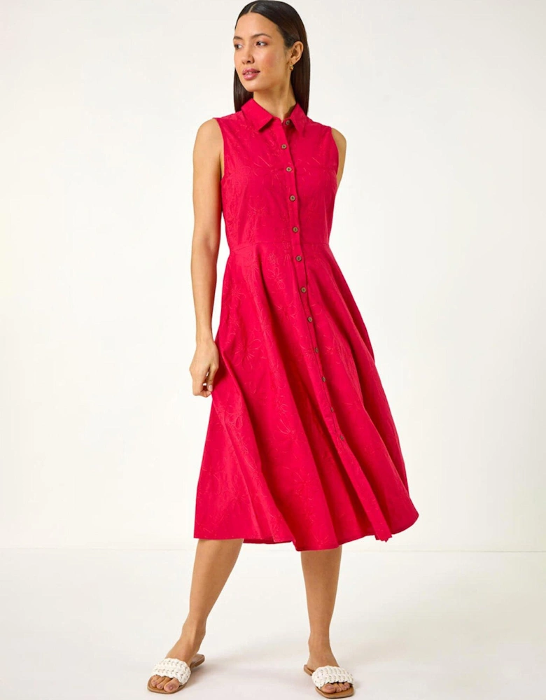Embroidered Buttoned Midi Dress - Red