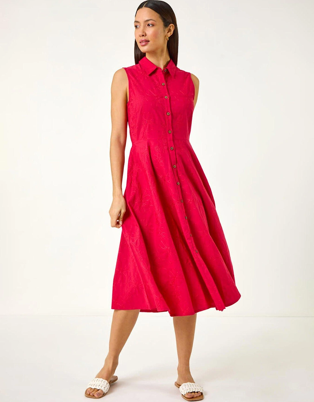 Embroidered Buttoned Midi Dress - Red, 2 of 1