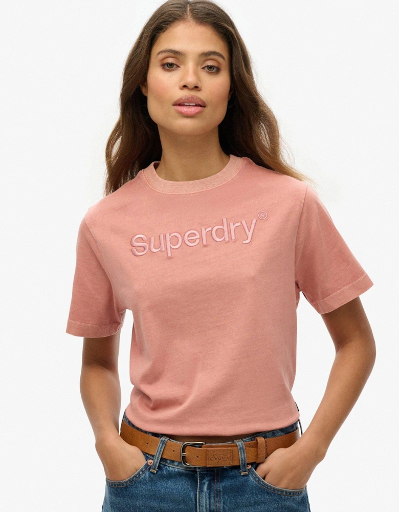 Embroidered Logo Boxy Loose Fit T-Shirt - Rose