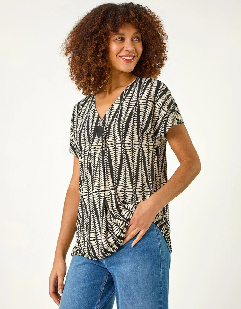 Abstract Print Front Pleat Stretch Top - Cream