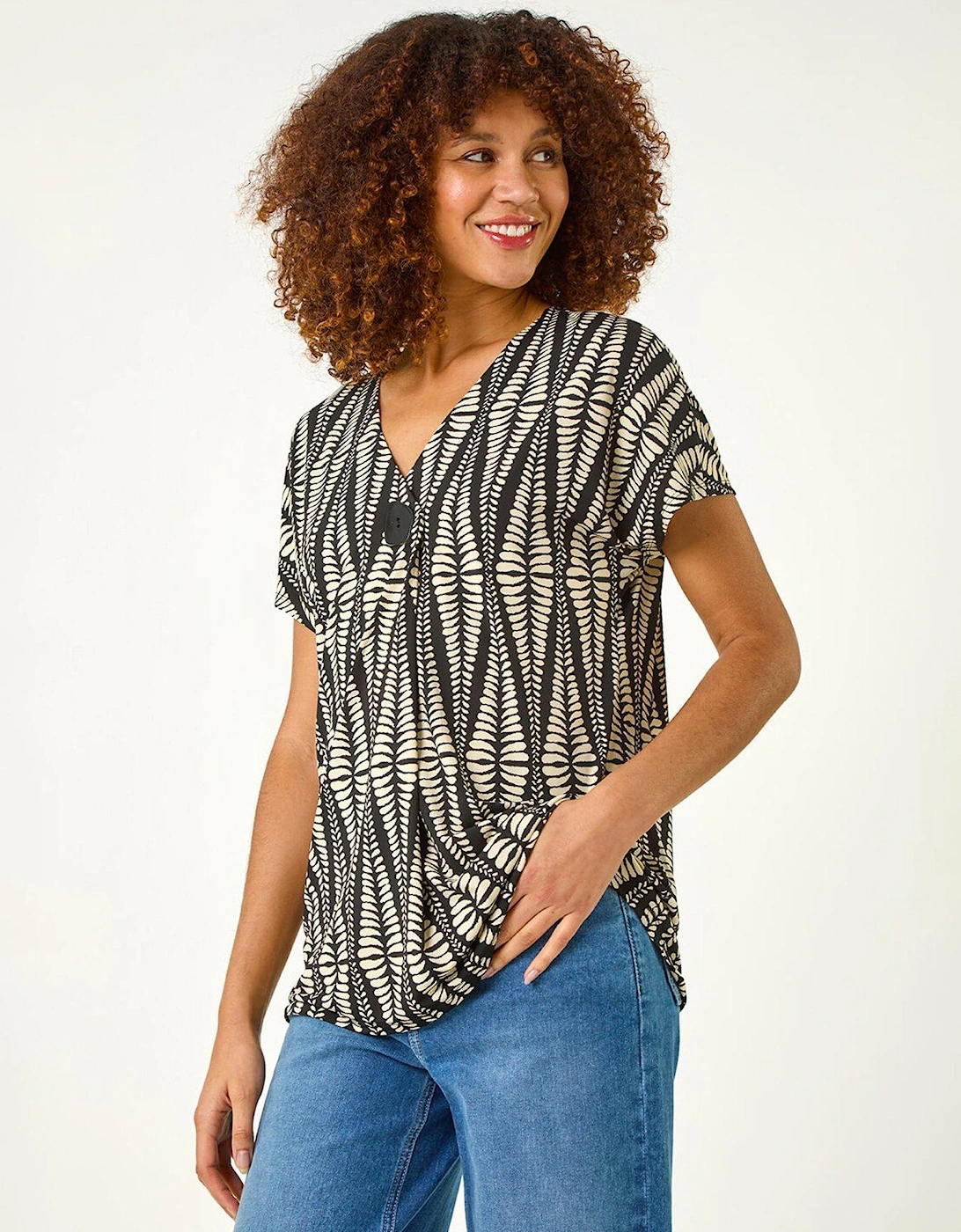 Abstract Print Front Pleat Stretch Top - Cream, 2 of 1