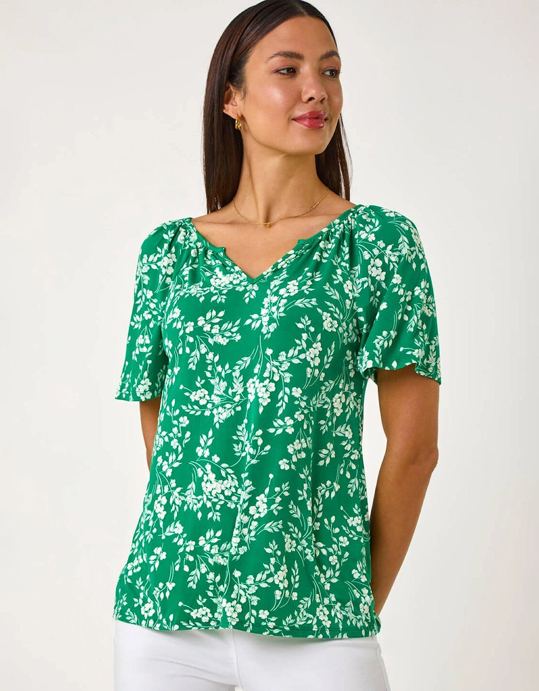 Textured Ditsy Floral Print Stretch Top - Green, 2 of 1