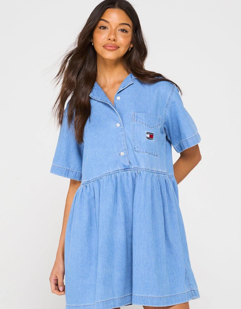 Pocket Logo Denim Mini Dress - Blue