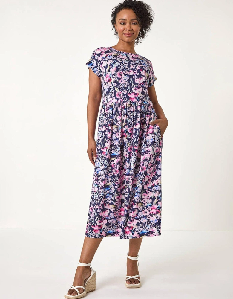 Petite Floral Print Gathered Midi Dress - Navy
