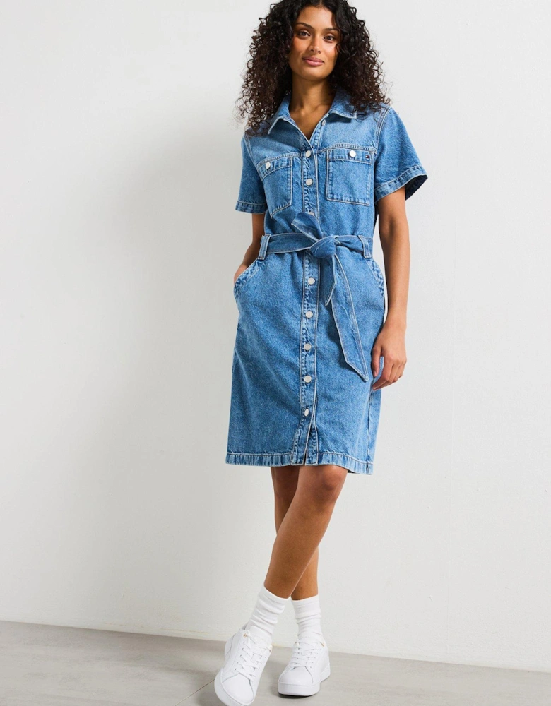 Denim Belted Mini Dress - Blue
